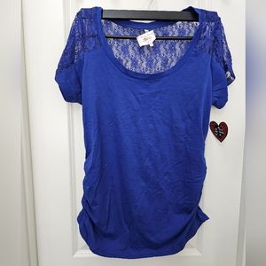 Monaco Blue Top by Splash w Lace on Shoulder Tops & Back Ruching on Both Sides